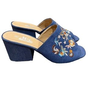 M & E Embroidered Denim Square Heel Shoes 90s Y2K Style Floral Print Size 9